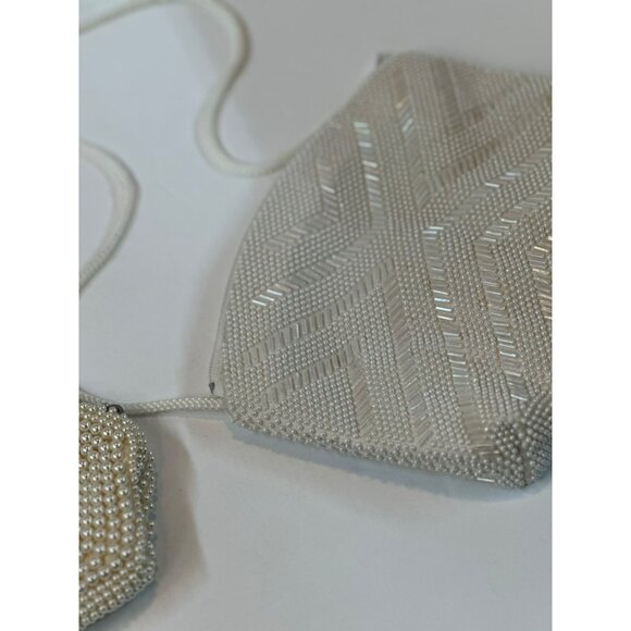 VTG Beaded Evening Clutch Bags Set of 2 White & Cream Floral + Geometric Purses - Picture 4 of 10
